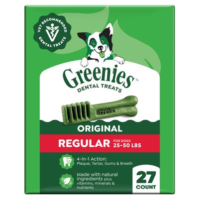 Greenies Veterinarian-Recommended Adult Natural Dental Dog Treats Regular Size, Dog Dental Chews, Original Flavor, 27 oz. Pack, 27 Count