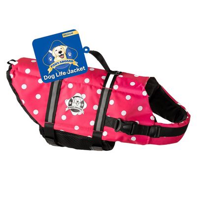 Paws Aboard Dog Life Jacket - Swimming Vest for Dogs, Adjustable, Reflective, Comfortable, Multiple Colors, Patterns, XX-Small to Extra Large Dog Swim Vest with Handle (Pink Polka Dot, Medium)