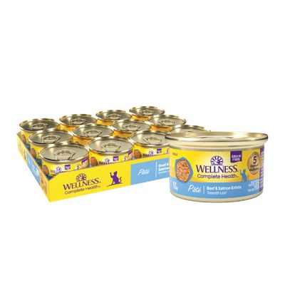 Wellness Complete Health Pate Adult Canned Wet Cat Food, Natural, Protein Rich, Grain Free, Beef and Salmon Entre Recipe, 3 oz, Pack of 24 Cans