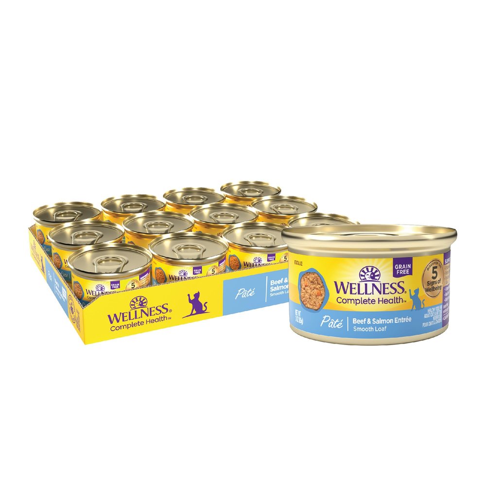 Wellness Complete Health Pate Adult Canned Wet Cat Food, Natural, Protein Rich, Grain Free, Beef and Salmon Entre Recipe, 3 oz, Pack of 24 Cans
