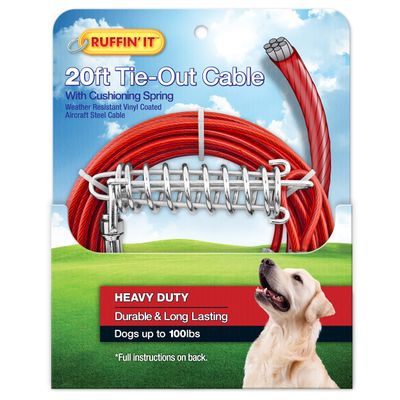 Ruffin' It 20 Foot Heavy Duty Cable Tie Out with Cusioning Spring for Dogs Up To 100lbs