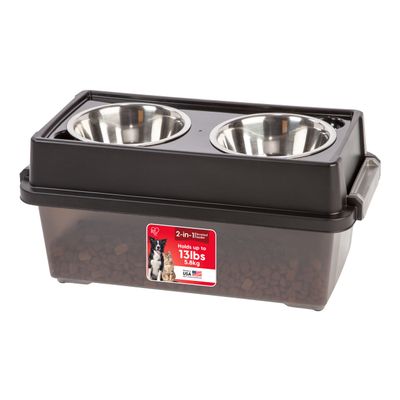 IRIS USA Dog Bowls Elevated with Storage, 9" H Raised Feeding Station with Airtight Food Container Holds Up to 13 lbs, Dog Bowl Stand for Small Dogs, Indoor Pet Feeder, Smoke/Black