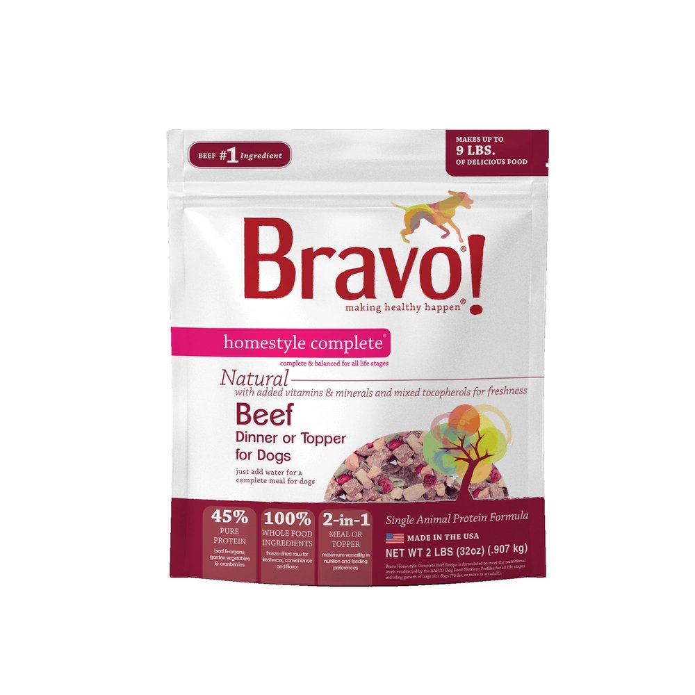 Bravo! Homestyle Complete Freeze Dried Raw Dog Food or Topper, Beef, 2 Pounds, Add Water to Rehydrate for up to 9 Pounds of Food, Grain Free, Gluten Free