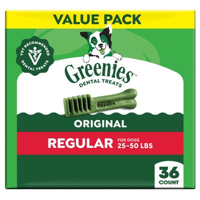 Greenies Veterinarian-Recommended Adult Natural Dental Dog Treats Regular Size, Dog Dental Chews, Original Flavor, 36 oz. Pack, 36 Count