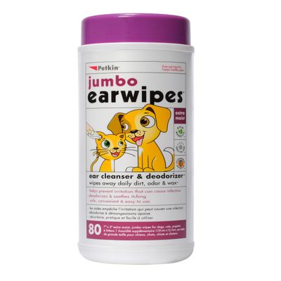 Petkin Jumbo Pet Ear Wipes, 80 Extra Moist Wipes - Soothing & Deodorizing Pet Ear Cleaner to Remove Dirt, Odor, & Wax - Safe, Convenient, & Easy to Use Pet Wipes for Dogs, Cats, Puppies & Kittens