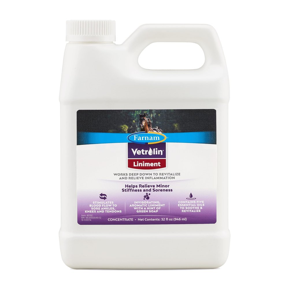 Farnam Vetrolin Horse Liniment for Muscle Soreness, Stiffness and Inflammation Relief on Horses, Helps Reduce Swelling, Aids in Pain Relief, 32 Oz.