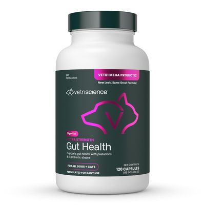 VetriScience Extra Strength Gut Health Easy-Open Capsules, Mega Probiotic and Prebiotic Digestive Supplement for Dogs and Cats, for Diarrhea and Immune Support, 7.5 Billion CFU Per Capsule, 120 Count