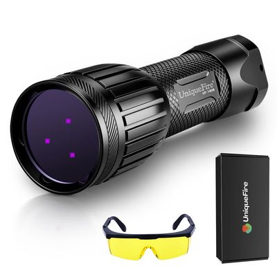 UniqueFire 1408 365nm Black Light UV Flashlight with 3 LEDs Professional UV Light,Powerful Blacklight Flashlight for Pet Urine Finding & Mineral, Antique Detection, Scorpion Search, etc