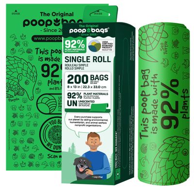 The Original Poop Bags 92% USDA Certified Plant-Based Dog Waste Bags, 200 Count Extra-Large & Leak-Proof Bulk Roll, Supports Elephant Rescue