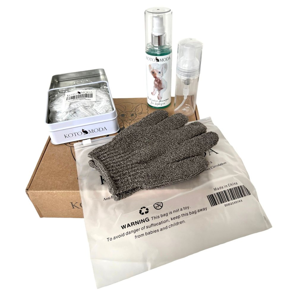 Kotomoda Bath Shower SPA Set for Sphynx and Other Naked Pets Shampoo 120 ml with Foam Generator, Shower caps in the tin Box, Bathing Gloves