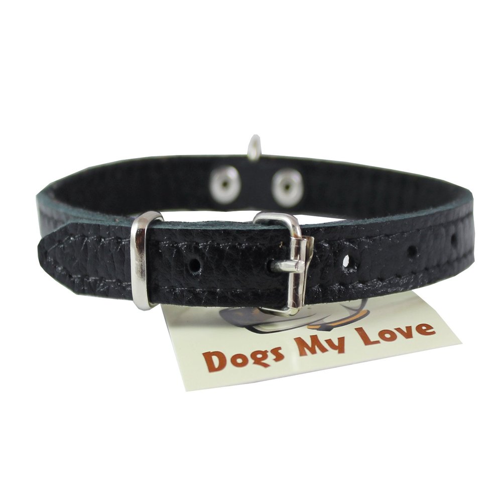 Black Genuine Leather Felt Padded Dog Collar 13" x1/2" Wide Fits 9"-12" Neck, Maltese, Yorkshire Terrier, Puppies