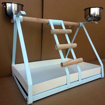 Small Parrot Bird Metal PLAYSTAND Play Gym with Stainless Steel Cups, Wood Perches and Tray