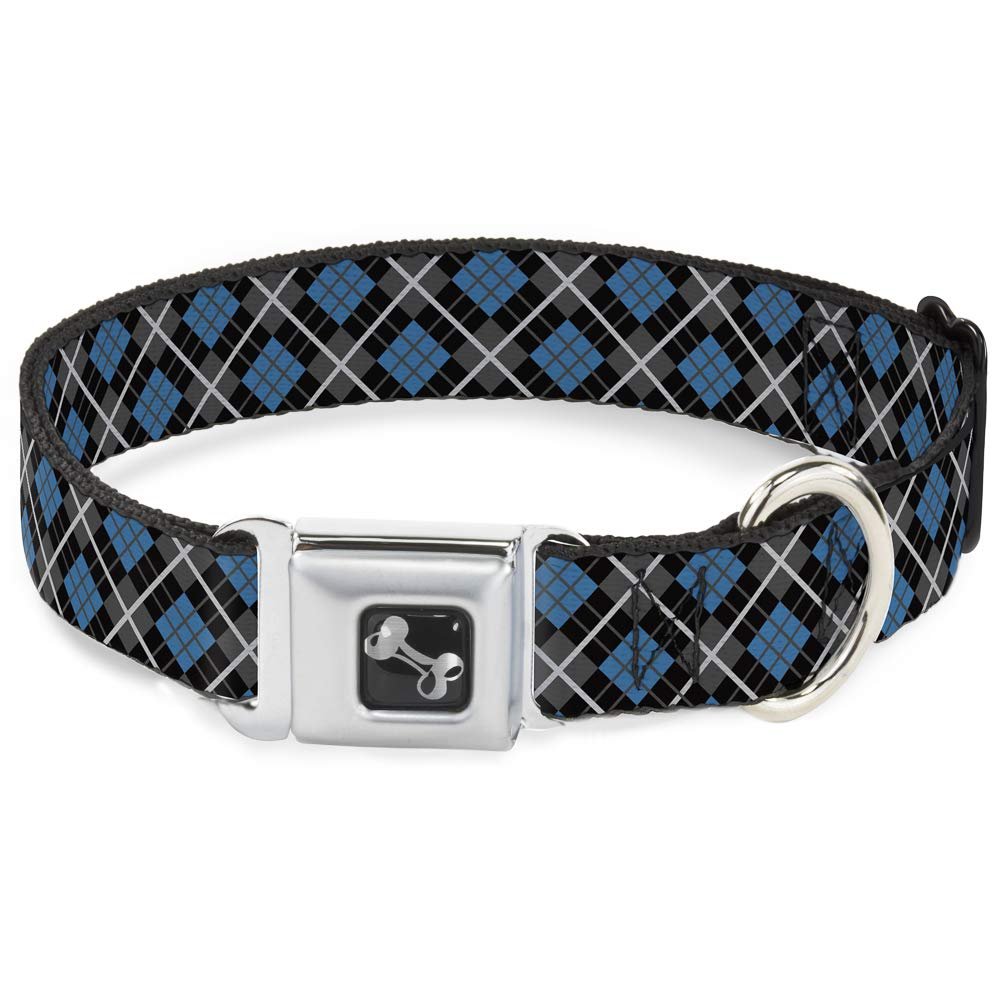 Buckle-Down Dog Collar Seatbelt Buckle Argyle Black Gray Turquoise Multi Color, 1"" Wide - fits 11-17"" Neck - Medium (DC-W30101-M)