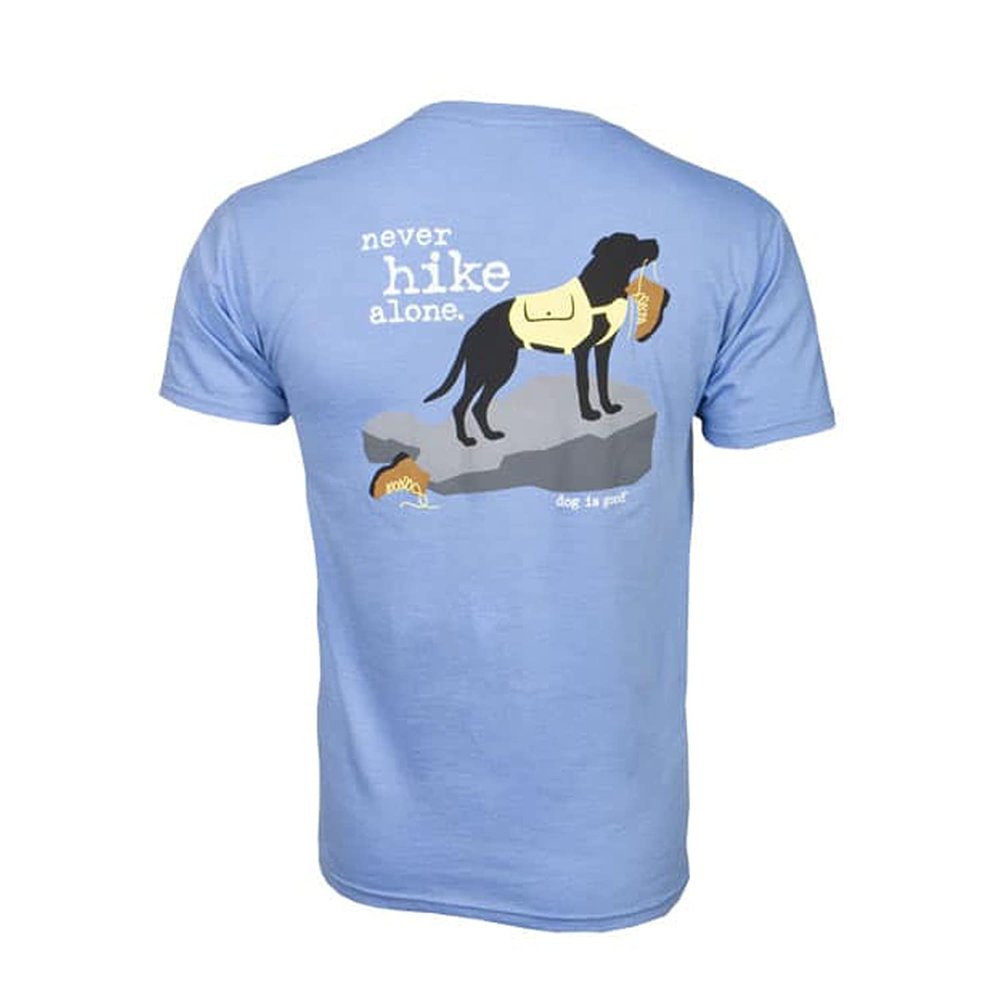 Dog is Good Unisex "Never Hike Alone" T-Shirts Blue Large