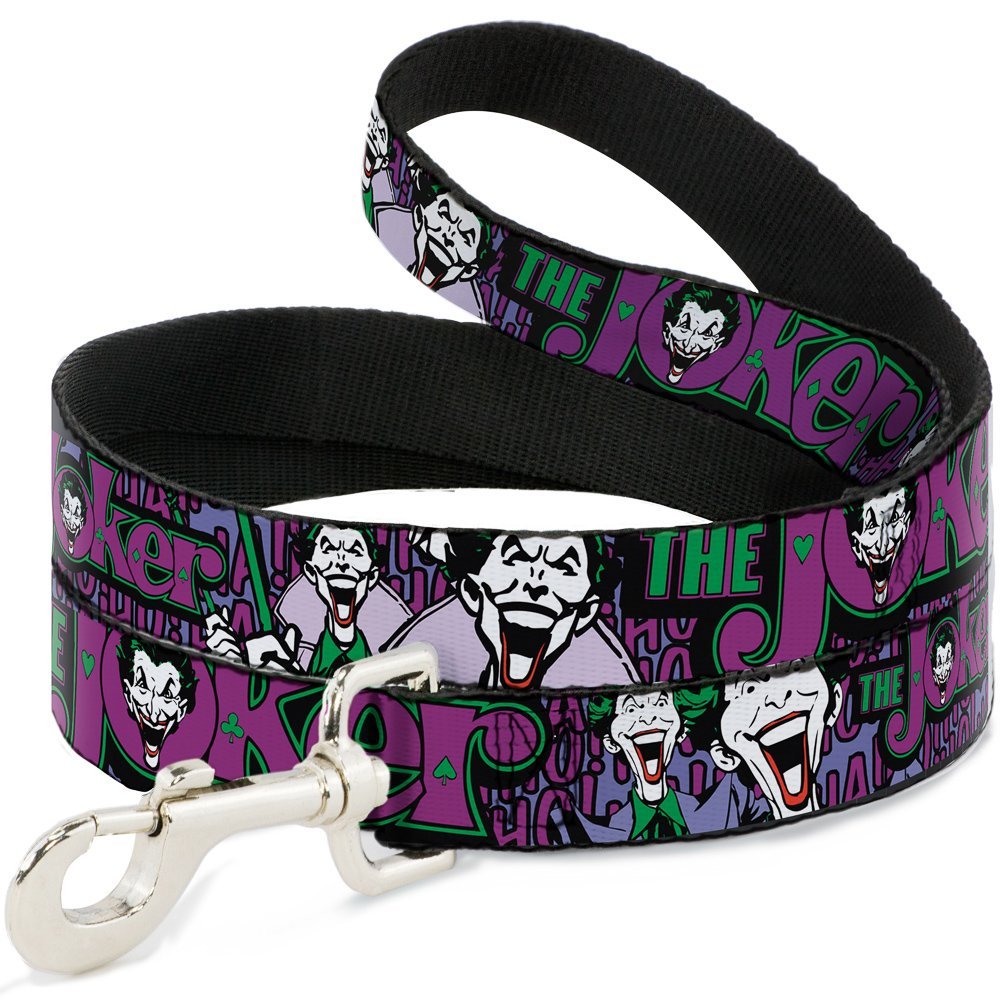 Buckle-Down Pet Leash - Joker Face/Logo/Spades Black/Green/Purple - 4 Feet Long - 1" Wide