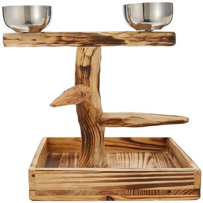 PENN-PLAX Bird-Life Natural Wood Tree Perch for Small and Medium Birds Includes Food and Water Bowls with Drop Tray Medium
