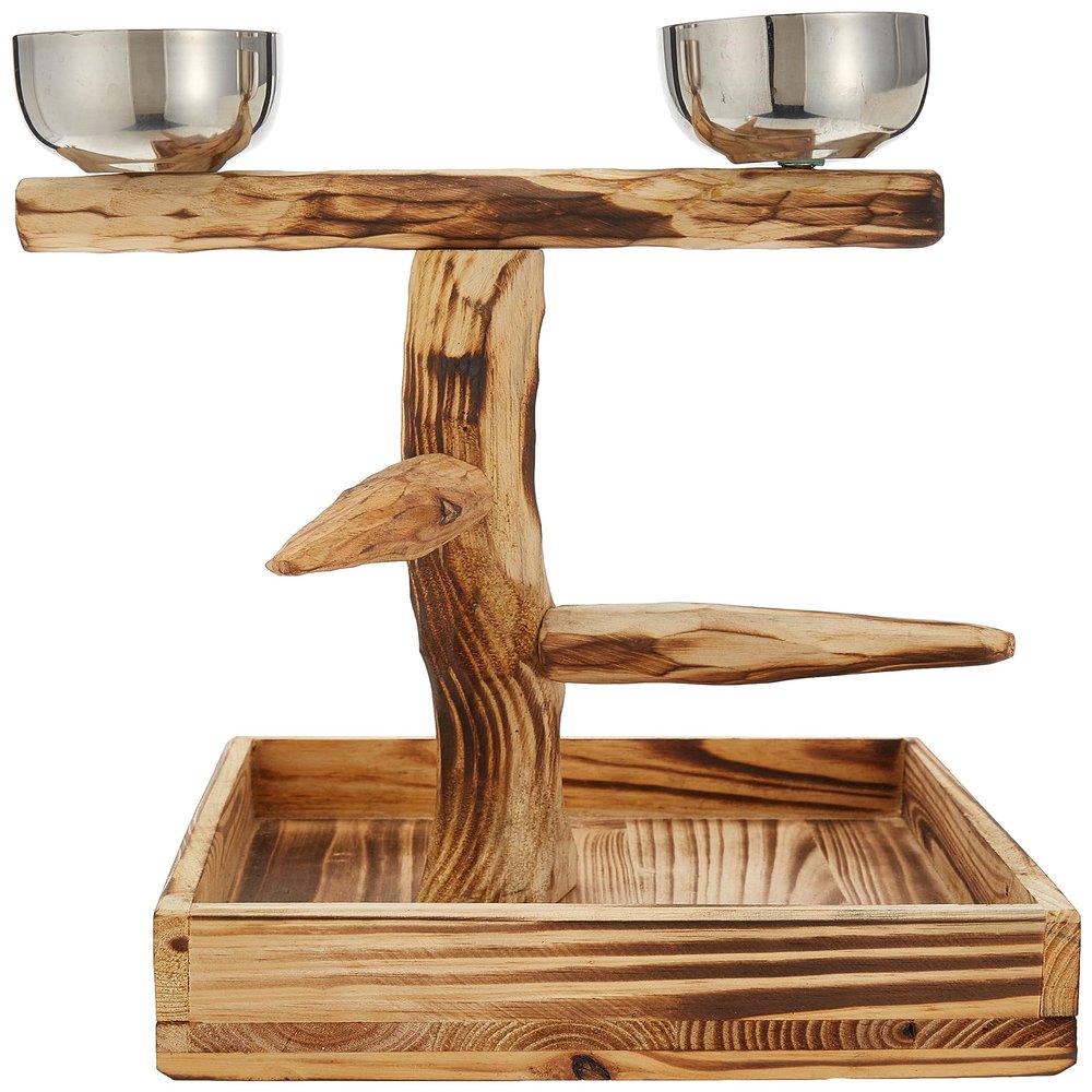 PENN-PLAX Bird-Life Natural Wood Tree Perch for Small and Medium Birds Includes Food and Water Bowls with Drop Tray Medium