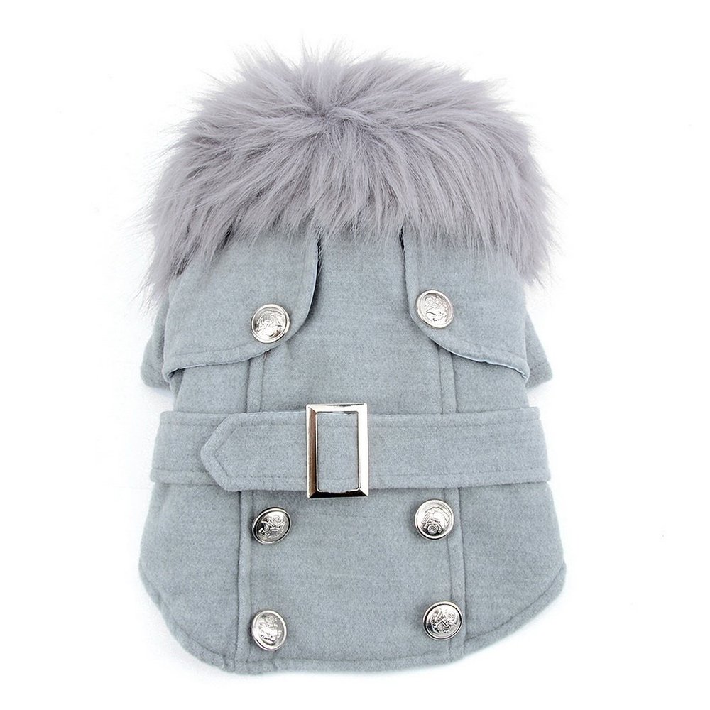Pet Cat Dog Clothes European Woolen Fur Collar Coat Small Dog Cat Pet Clothes Costume Light Grey M