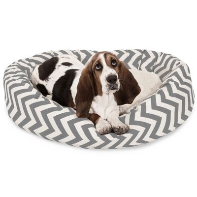 Majestic Pet 32 Inch Chevron Sherpa Calming Dog Bed Washable Cozy Soft Round Pet Beds with Spine for Head Support - Fluffy Donut Bed 32x23x7 (inch) Medium - GRAY