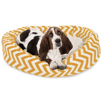 Majestic Pet 32 Inch Chevron Sherpa Calming Dog Bed Washable Cozy Soft Round Dog Bed with Spine for Head Support - Fluffy Donut Dog Bed 32x23x7 (inch) Round Pet Bed Medium - YELLOW