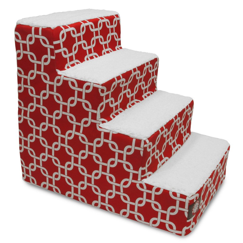 Majestic Pet 4 Step Portable Dog Stairs for Small Dogs to get on Bed Supports 25 lbs or Less Dog Steps for High Bed with Machine Washable Cover Pet Stairs for Cats Links Red