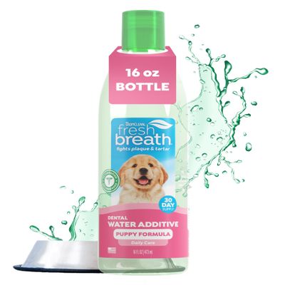 TropiClean Fresh Breath Water Additive for Puppies, Teeth Cleaning and Breath Freshener Solution, No Toothpaste or Toothbrush Required, 16oz.
